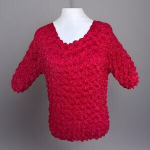 Vtg F C Red Crinkle Pleated Stretch Top 3/4 Sleeve One Size Fits Most Boho Chic